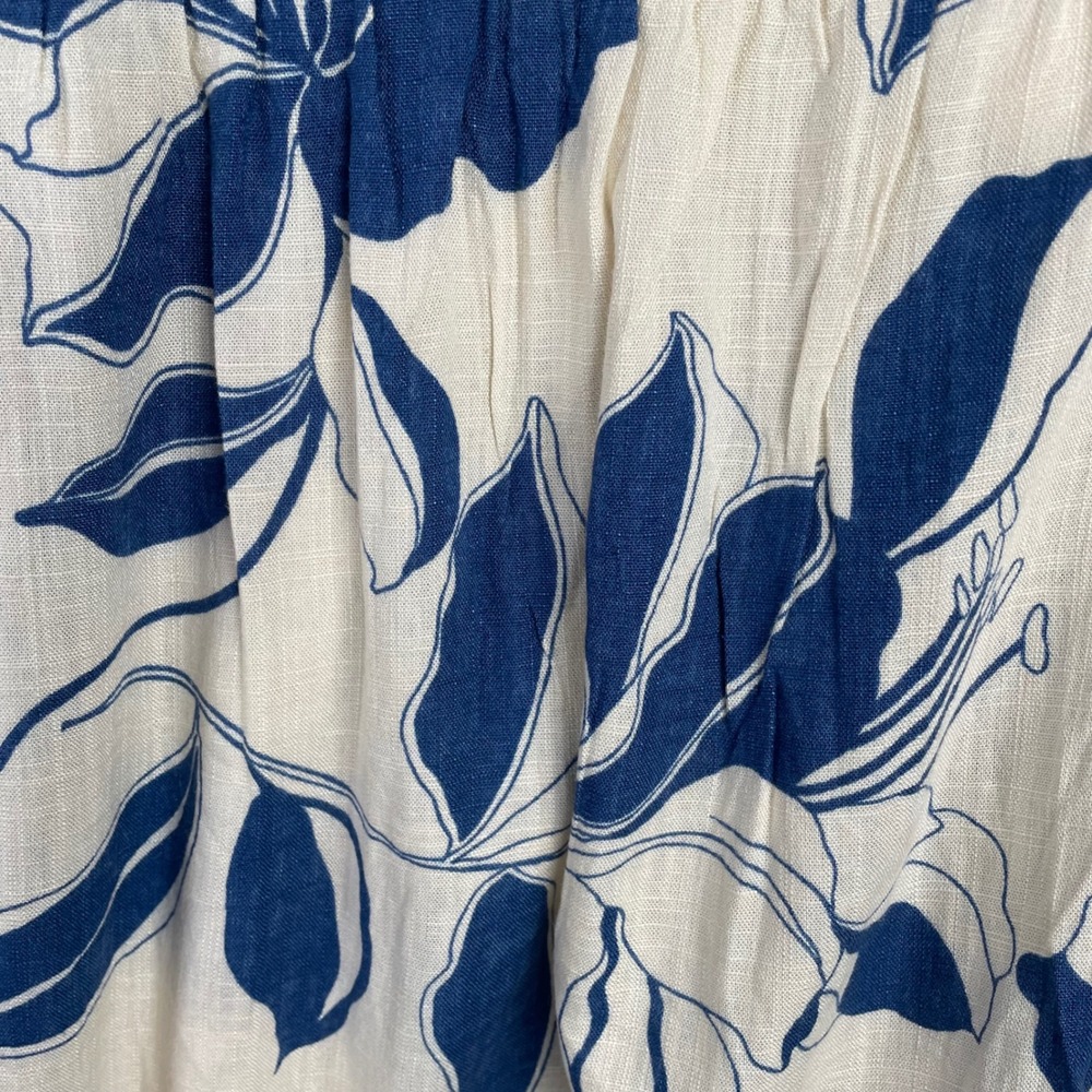 MSK Blue Tropical Leaf Print Tiered Maxi Dress Linen Blend Tie Front Pockets M - Picture 5 of 9